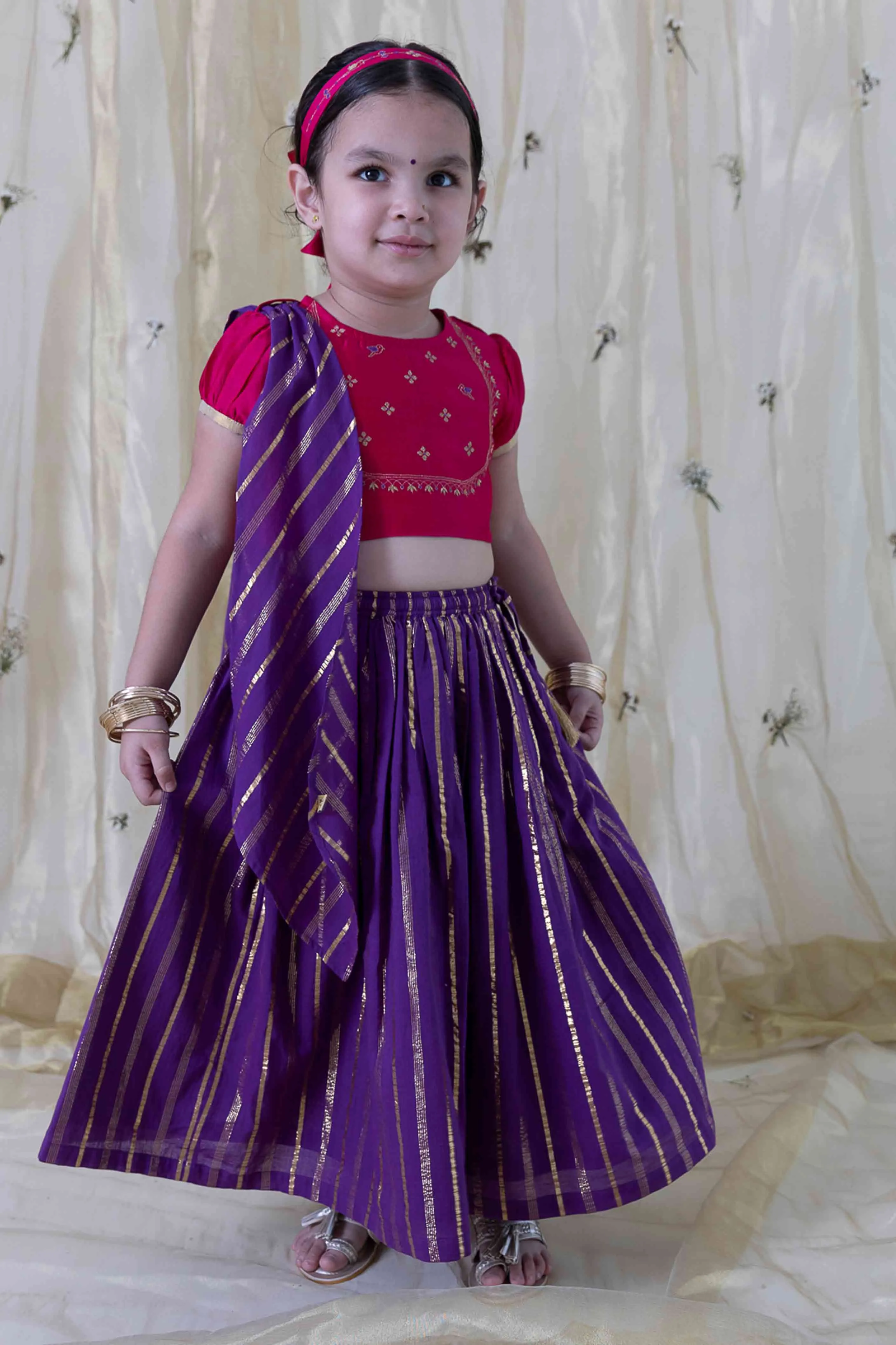 Girl Cotton Silk Blend Sleeveless Lehenga Set - Purple