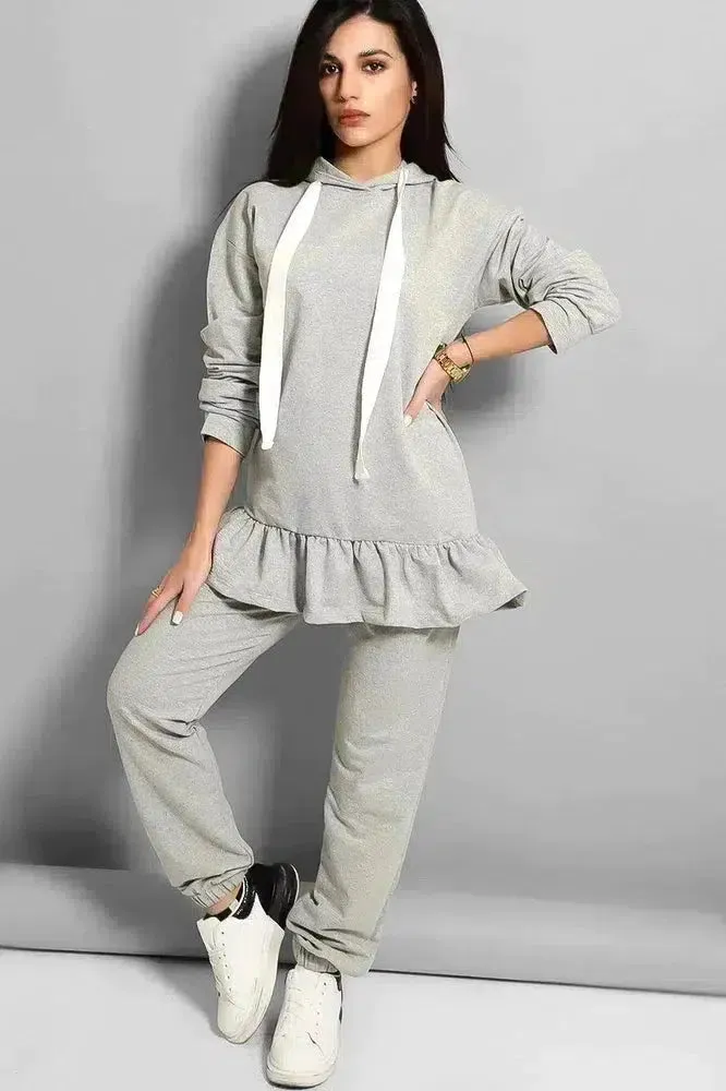 Grey Frilled Hem Hoodie Tracksuit