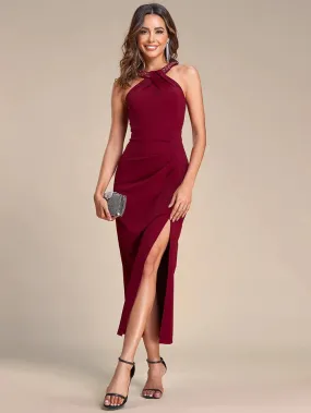 Hot Halter Neck Split Tea Length Evening Dresses