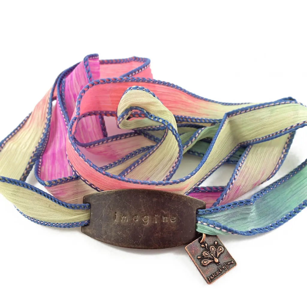 inner spirit // colourful boho brass tag and silk wrap bracelet