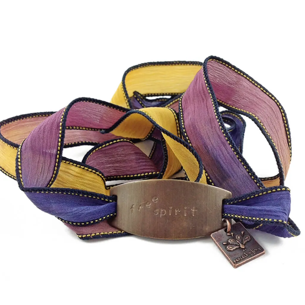 inner spirit // colourful boho brass tag and silk wrap bracelet