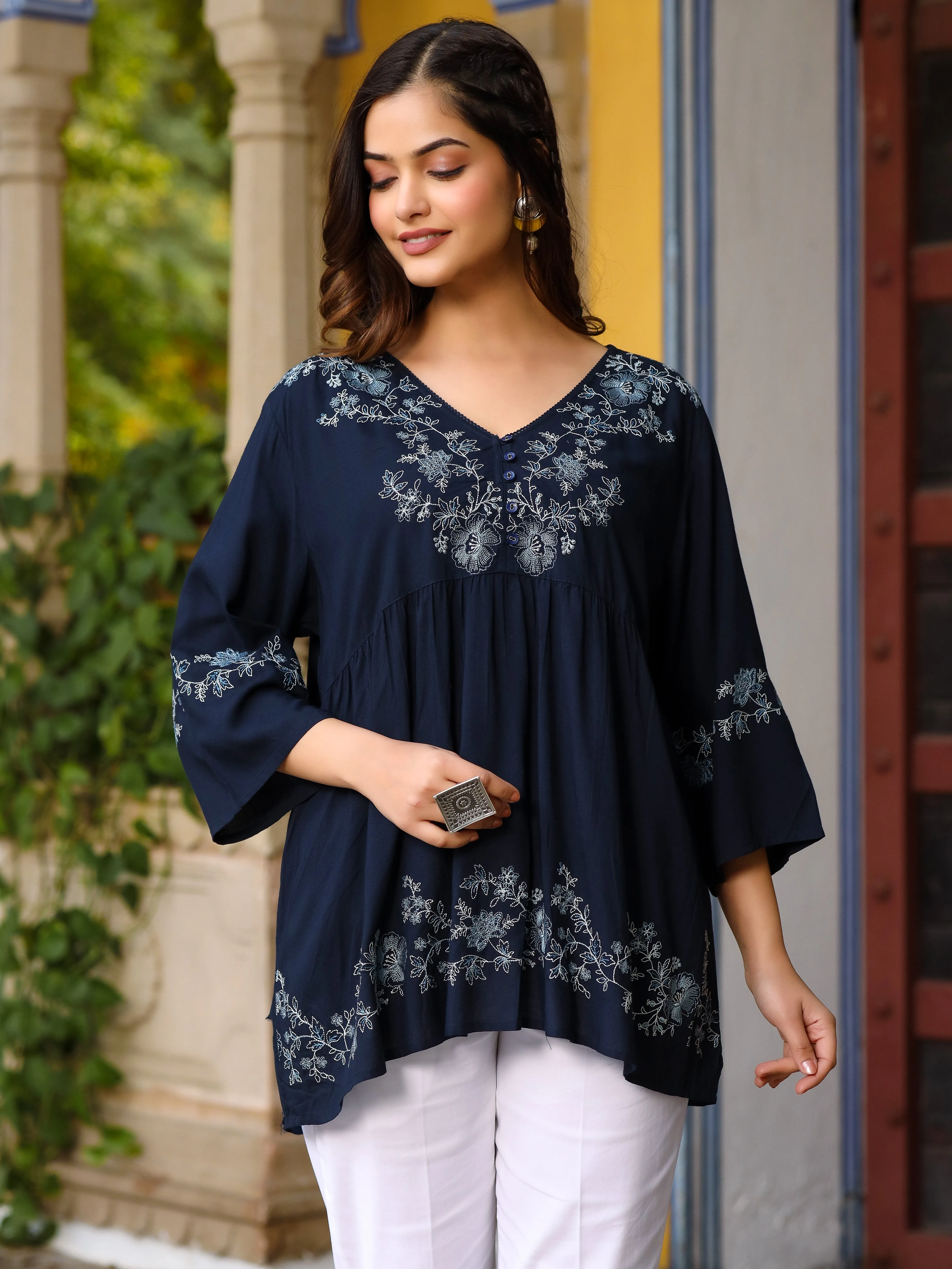 Juniper Navy Blue Modal Rayon Alia-Cut Embroidered Tunic