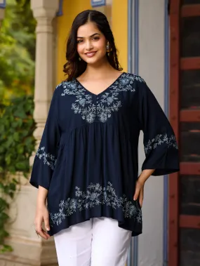 Juniper Navy Blue Modal Rayon Alia-Cut Embroidered Tunic