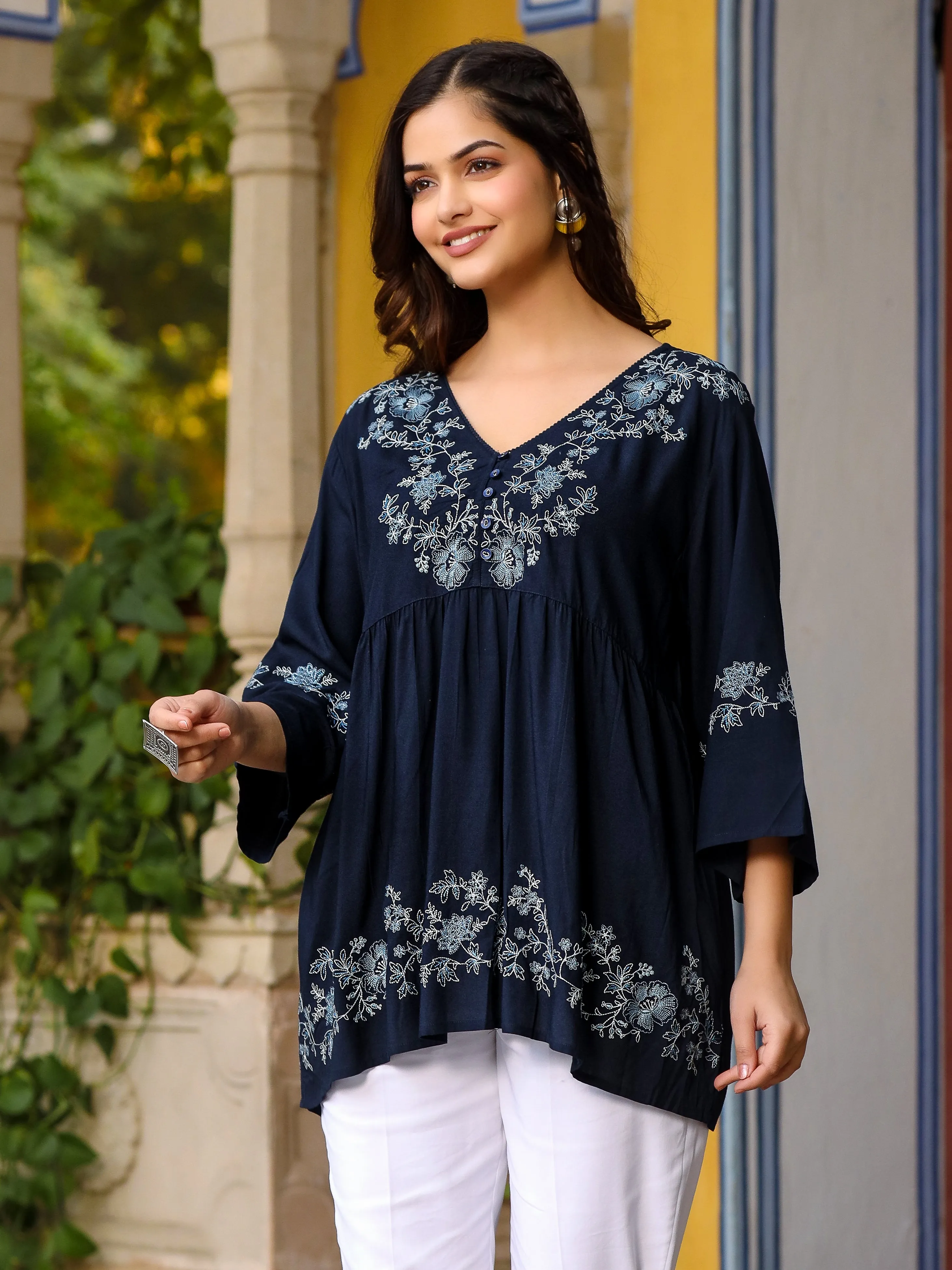 Juniper Navy Blue Modal Rayon Alia-Cut Embroidered Tunic