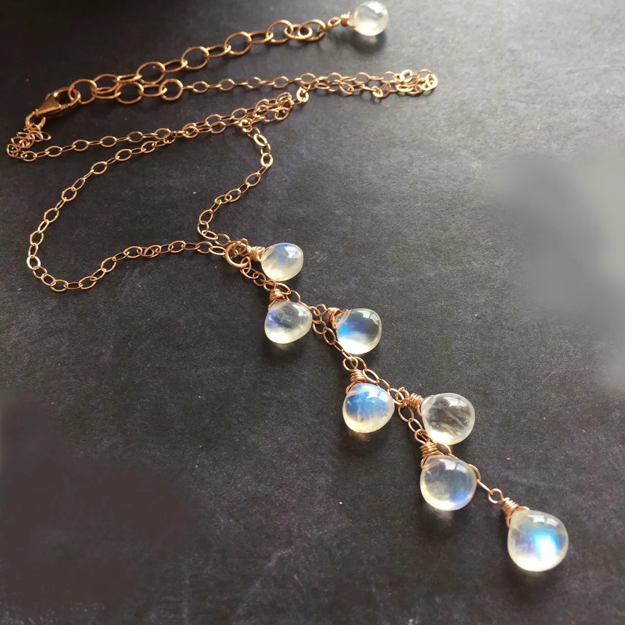 Kristiana Moonstone Cascade NECKLACE, Rose Gold filled, Yellow Gold Filled, or Sterling Silver Metal Choices