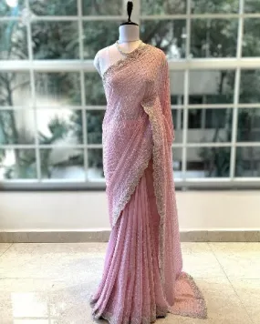 Light Pink Pure Faux Georgette Sequence Work Saree