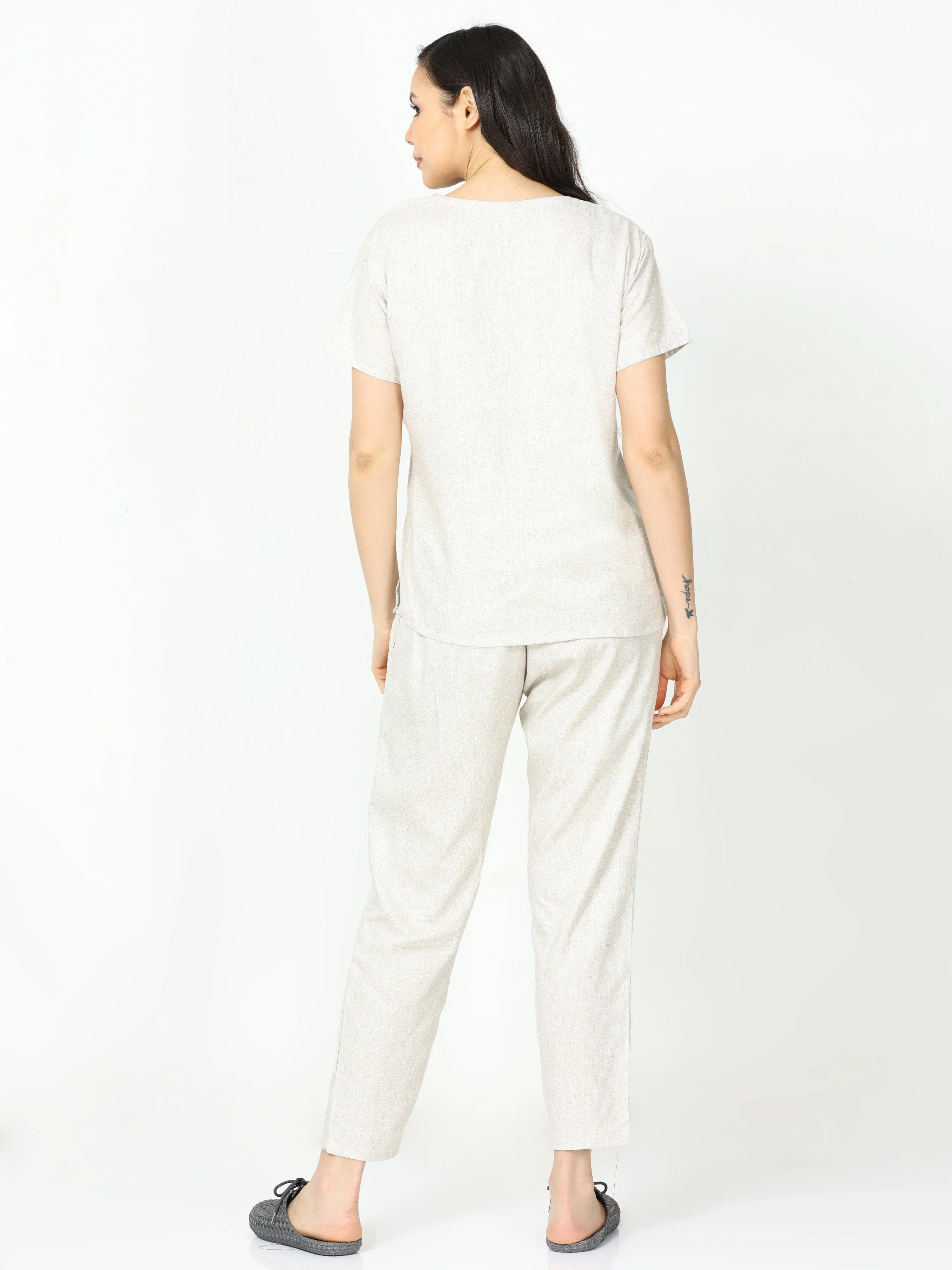 Linen Round Neck Co-ord Sets Beige