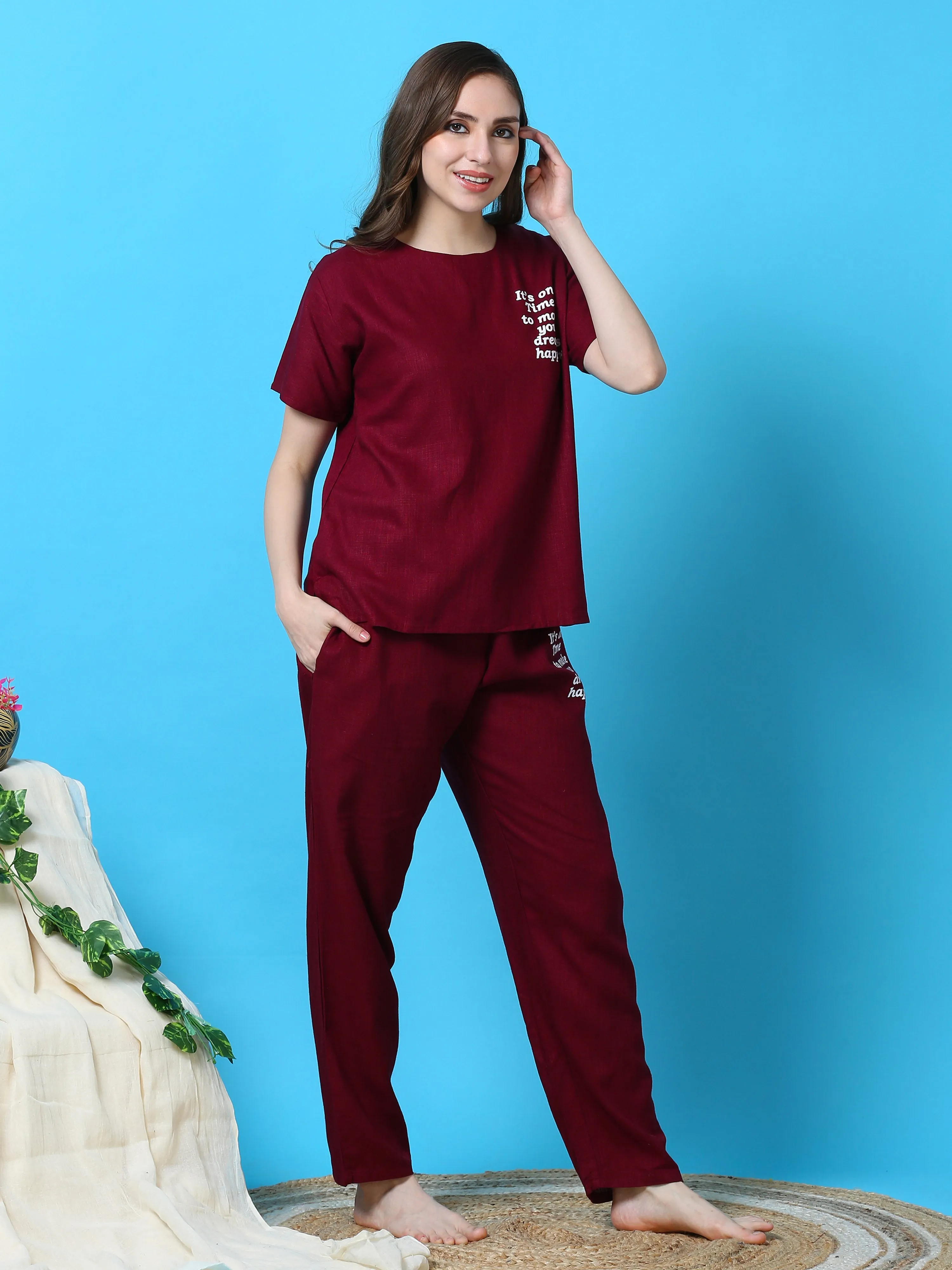 Linen Round Neck Co-ord Sets Maroon