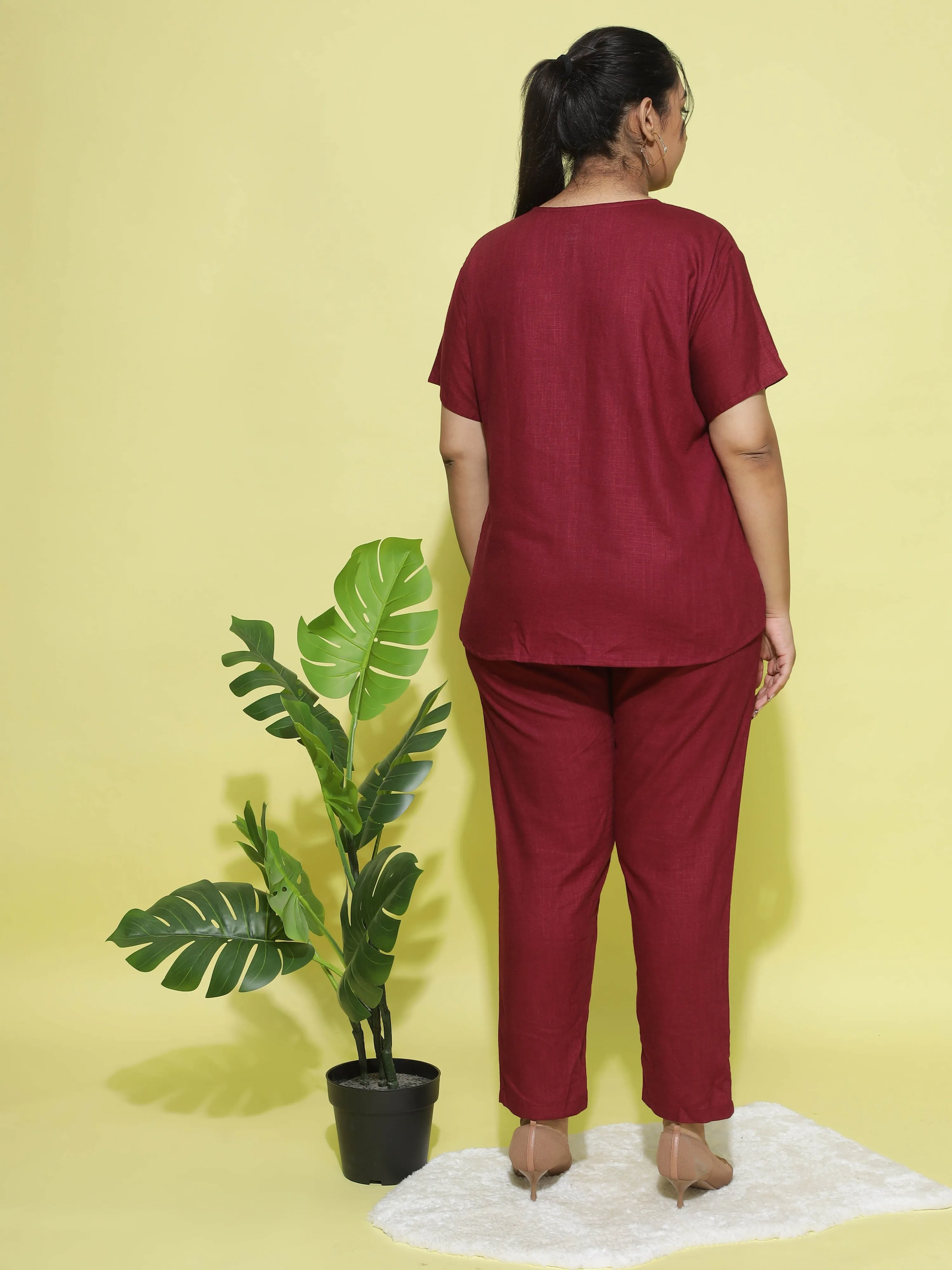 Linen Round Neck Co-ord Sets Maroon