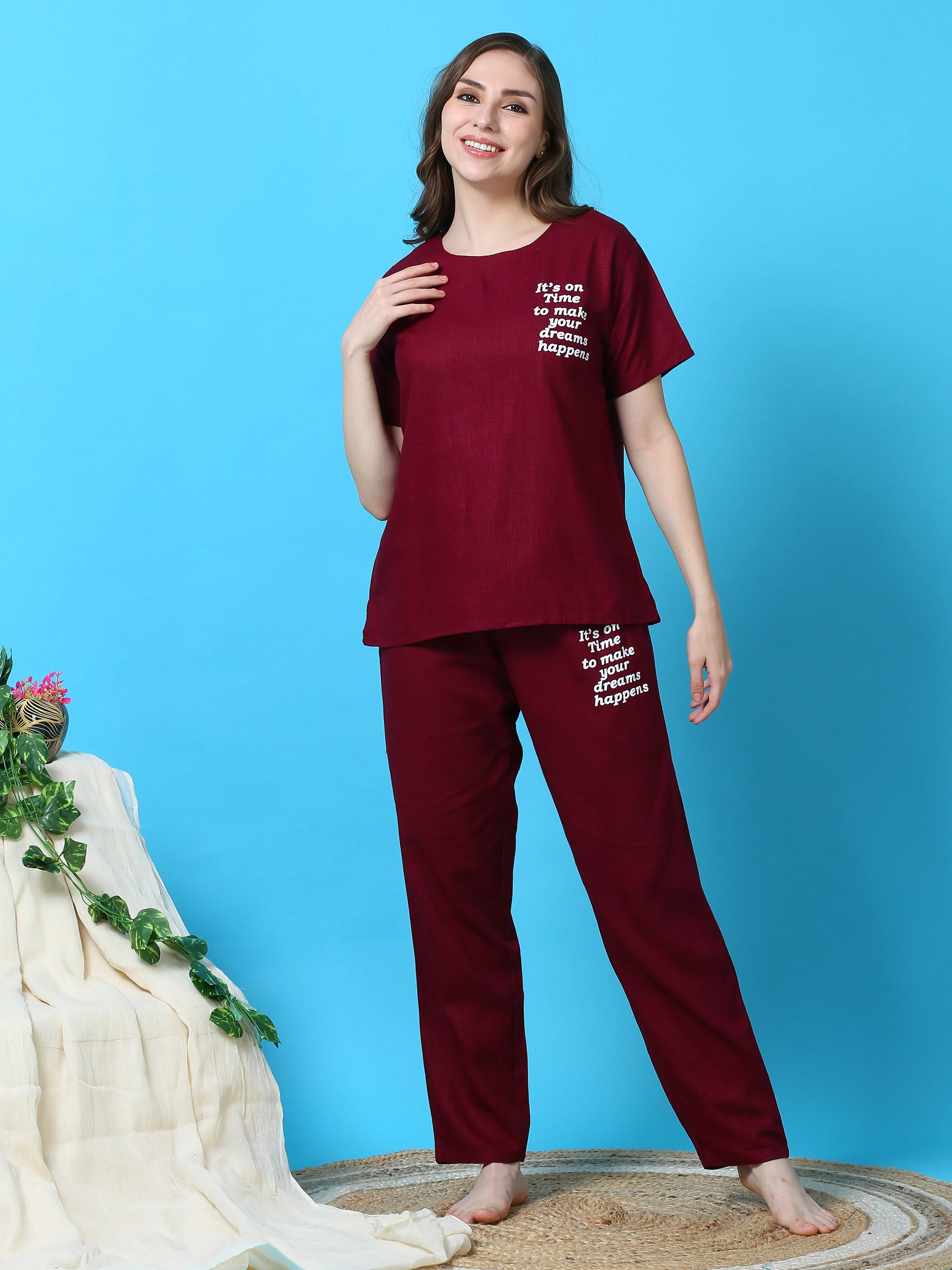 Linen Round Neck Co-ord Sets Maroon