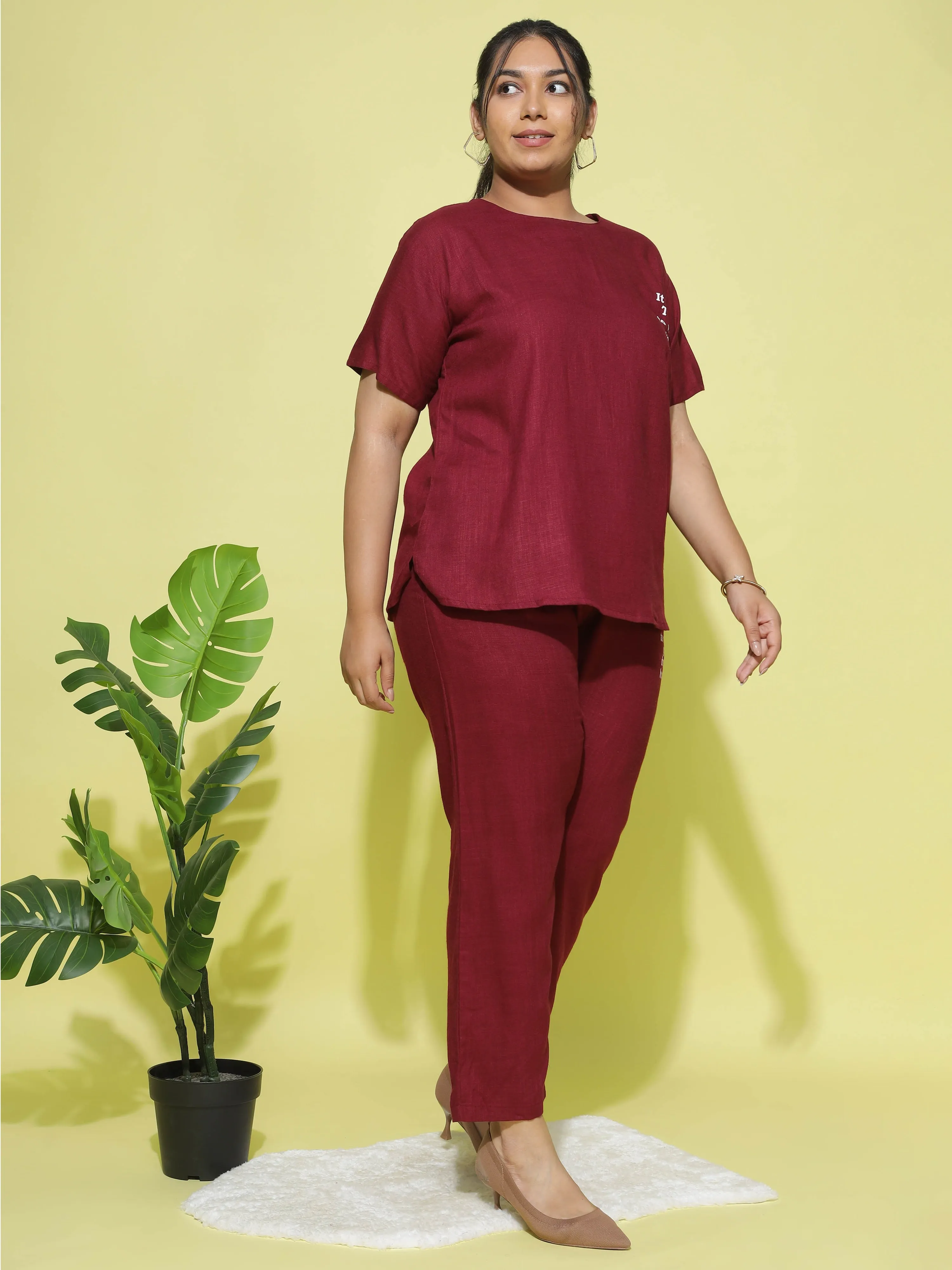 Linen Round Neck Co-ord Sets Maroon