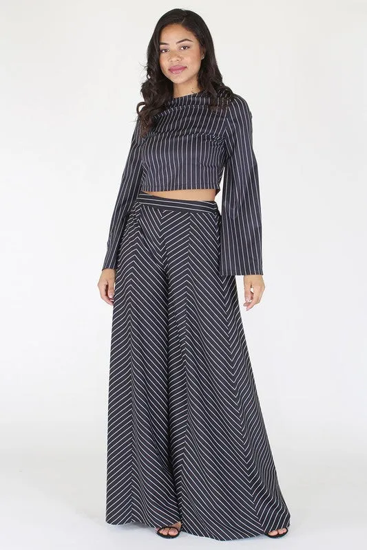 Long Sleeve Striped Top And Wide Leg Pants Set