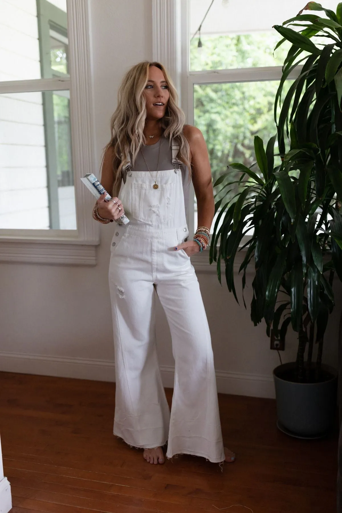 Milly Distressed Hem Wide Leg Overall - Cream