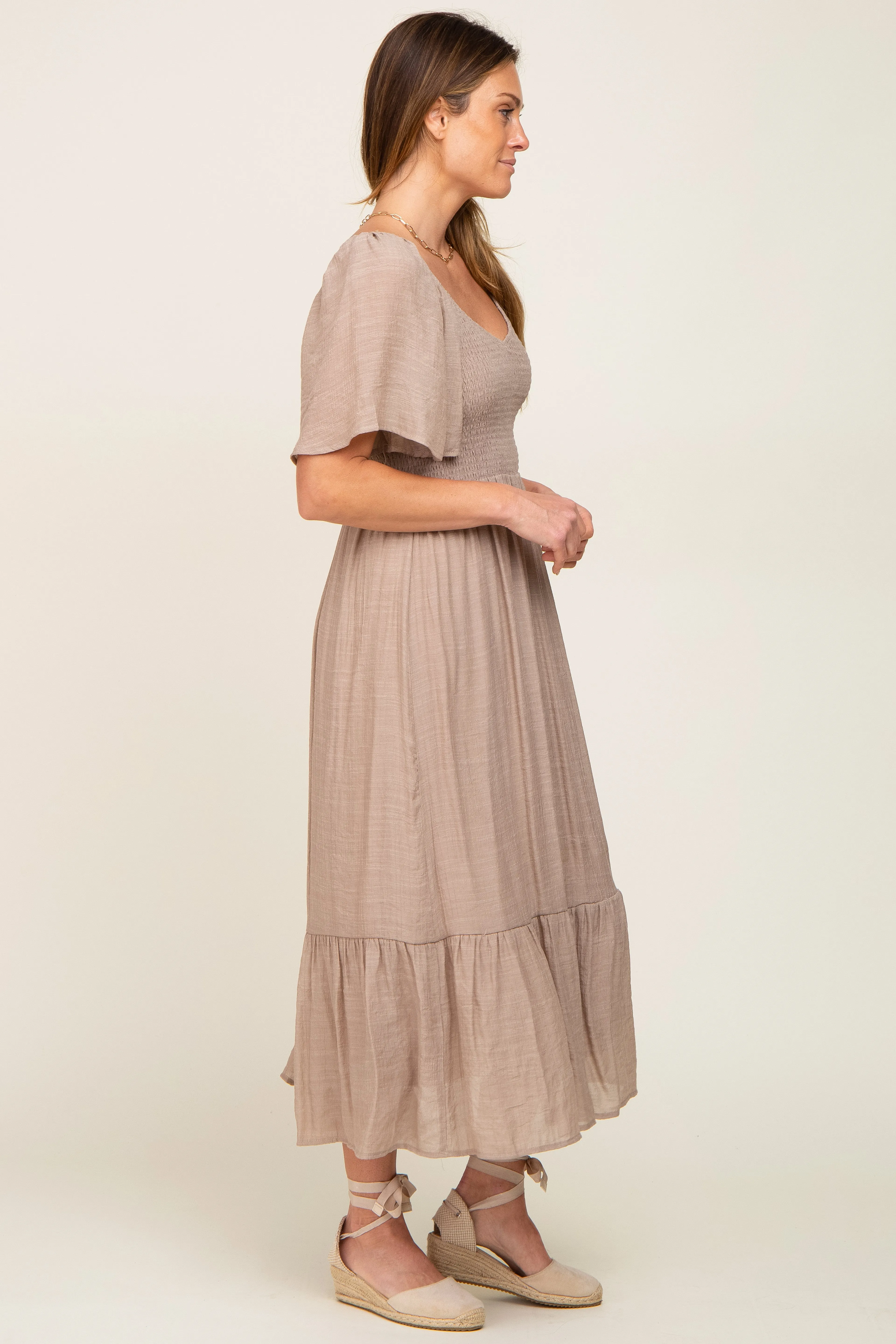 Mocha Smocked Ruffle Hem Maxi Dress