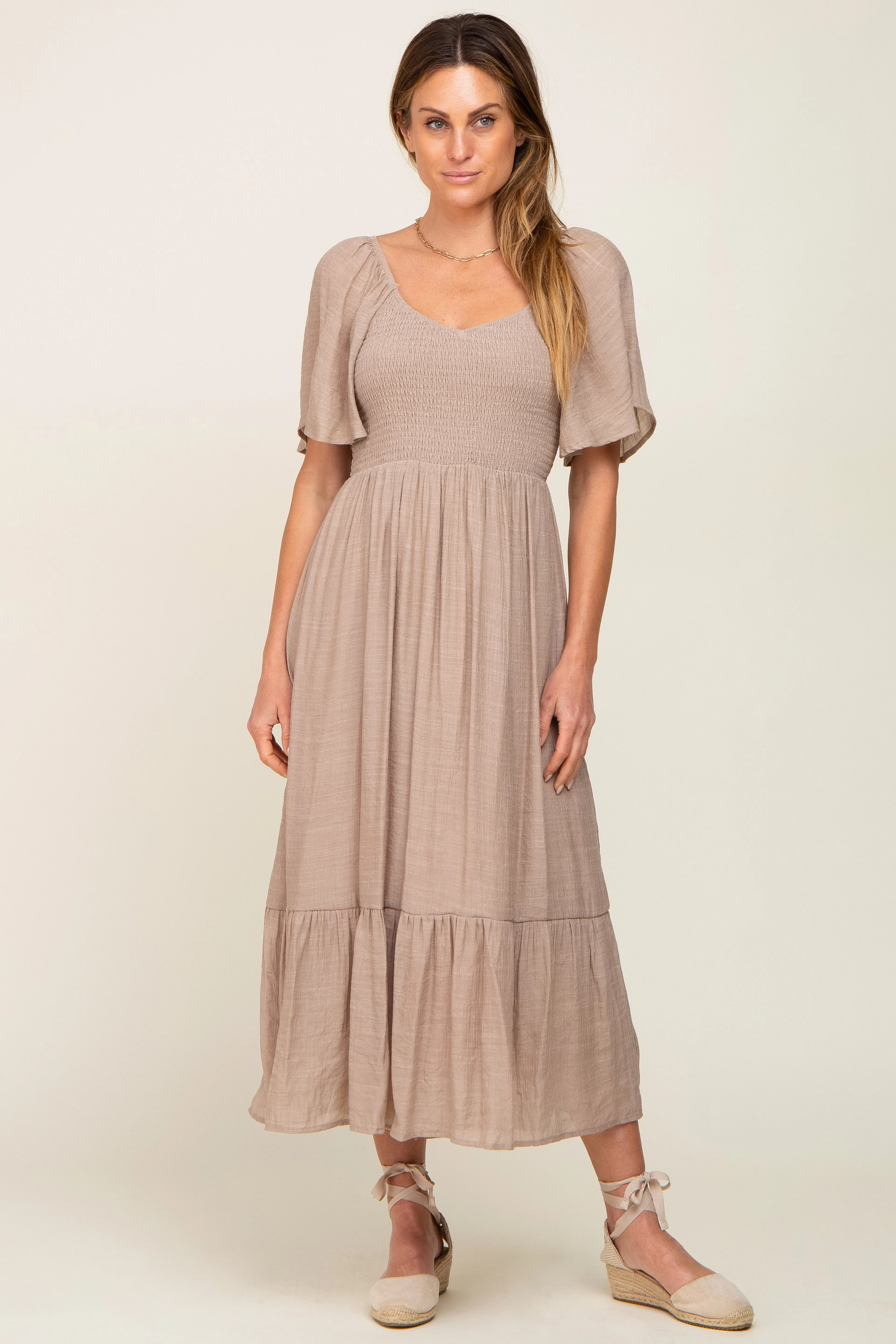 Mocha Smocked Ruffle Hem Maxi Dress