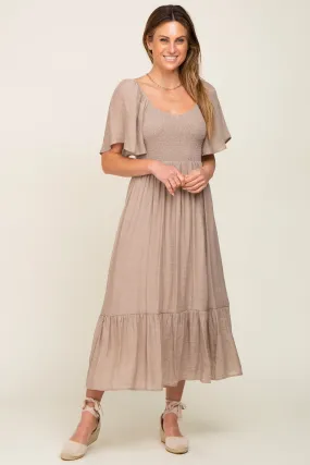 Mocha Smocked Ruffle Hem Maxi Dress