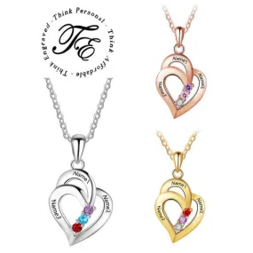 Mother's Necklace 3 Birthstones and 3 Engraved Names Heart Pendant