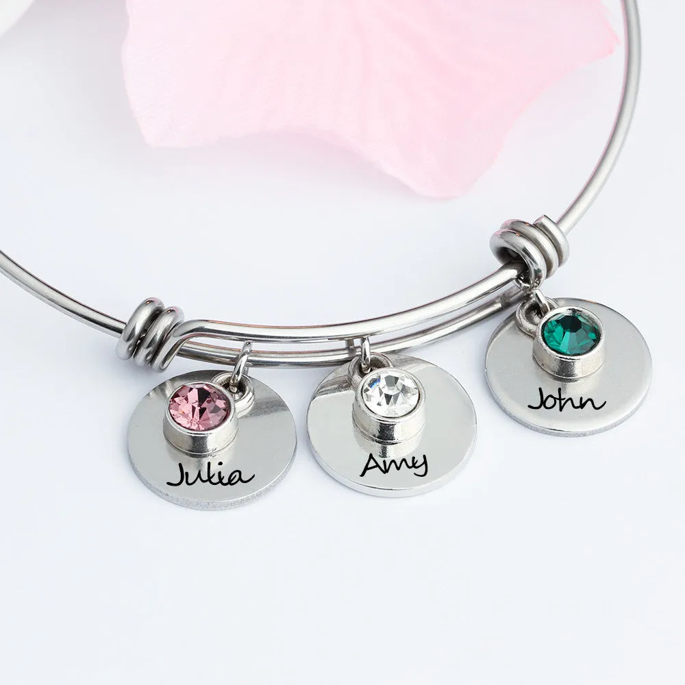 Personalized 3 Birthstone Custom Engraved Names or Initials Charm Bracelet