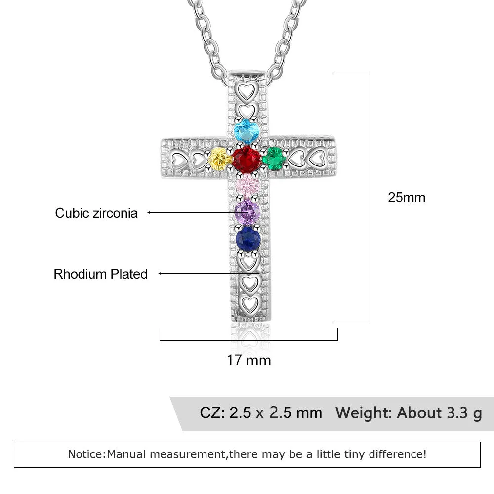 Personalized 7 Birthstone Cross Mother's Necklace - Heart Cut-Outs Crucifix