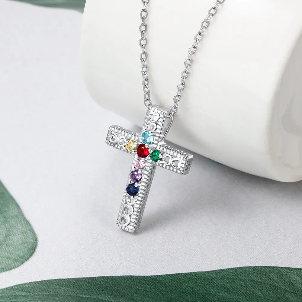 Personalized 7 Birthstone Cross Mother's Necklace - Heart Cut-Outs Crucifix