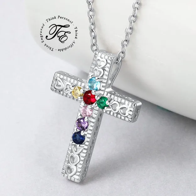 Personalized 7 Birthstone Cross Mother's Necklace - Heart Cut-Outs Crucifix