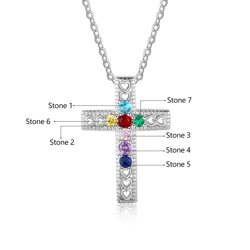 Personalized 7 Birthstone Cross Mother's Necklace - Heart Cut-Outs Crucifix