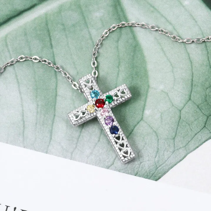 Personalized 7 Birthstone Cross Mother's Necklace - Heart Cut-Outs Crucifix