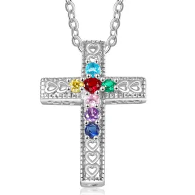 Personalized 7 Birthstone Cross Mother's Necklace - Heart Cut-Outs Crucifix