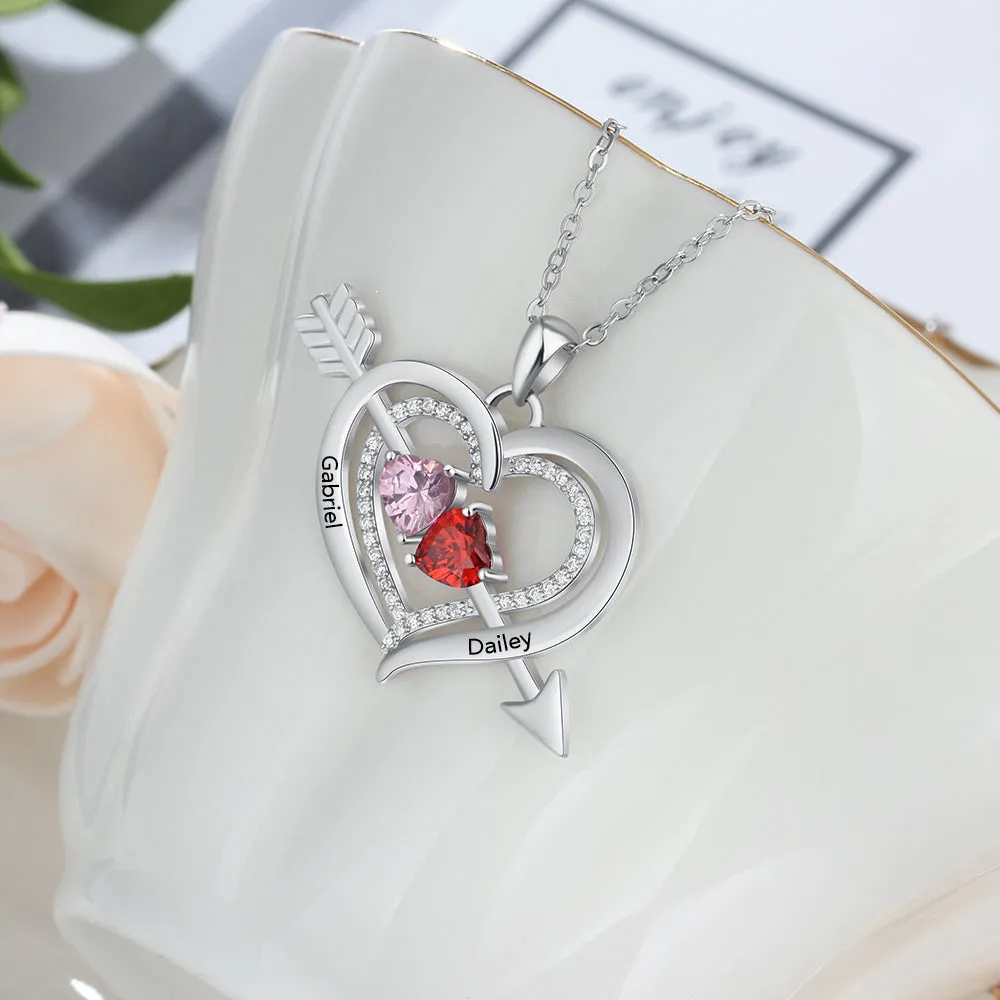 Personalized Mother's Necklace 2 Birthstones Cupid's Heart 2 Engraved Names