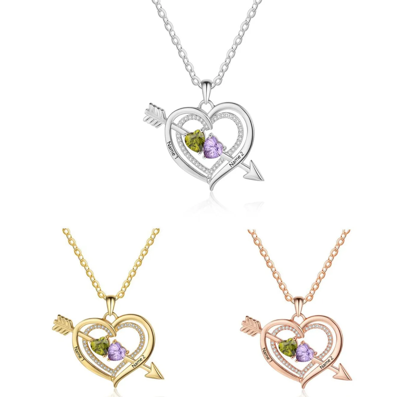 Personalized Mother's Necklace 2 Birthstones Cupid's Heart 2 Engraved Names