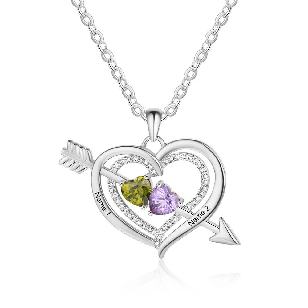 Personalized Mother's Necklace 2 Birthstones Cupid's Heart 2 Engraved Names