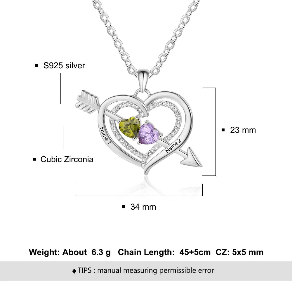 Personalized Mother's Necklace 2 Birthstones Cupid's Heart 2 Engraved Names