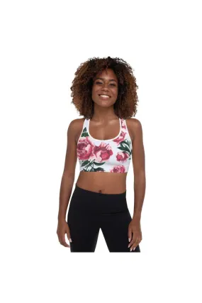 Pink Roses on Micro Blue Stripes Padded Sports Bra