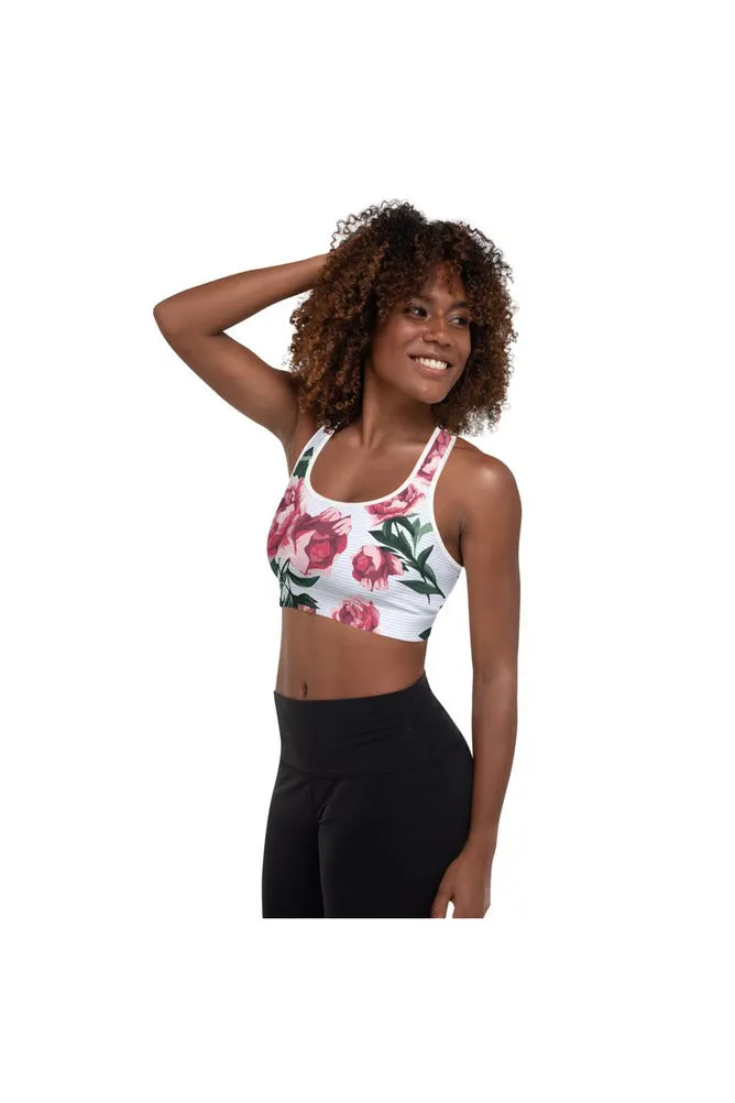 Pink Roses on Micro Blue Stripes Padded Sports Bra