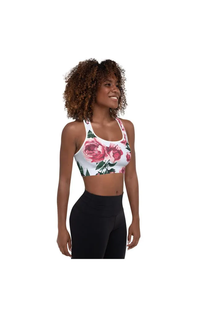 Pink Roses on Micro Blue Stripes Padded Sports Bra