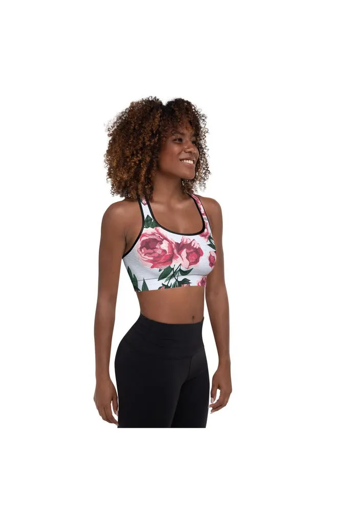 Pink Roses on Micro Blue Stripes Padded Sports Bra