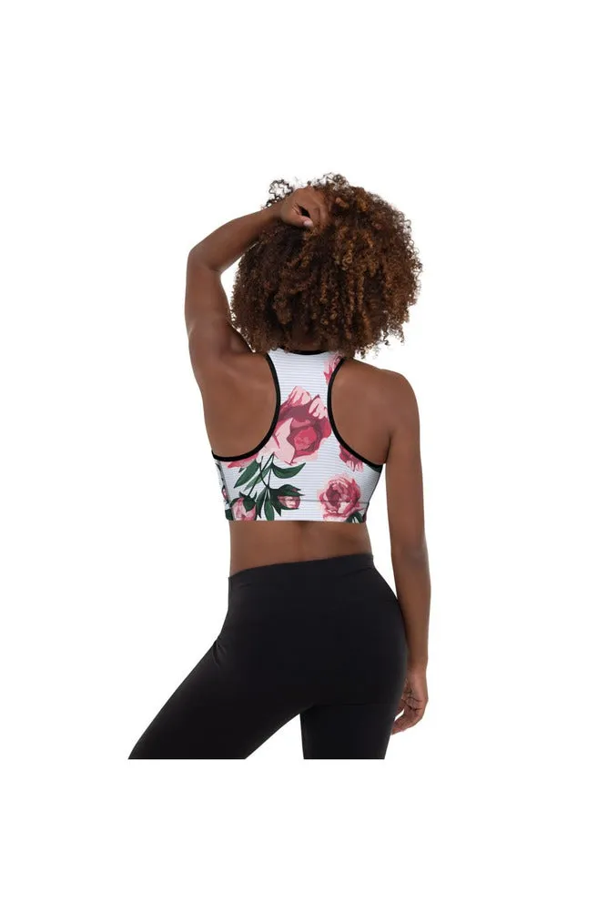 Pink Roses on Micro Blue Stripes Padded Sports Bra