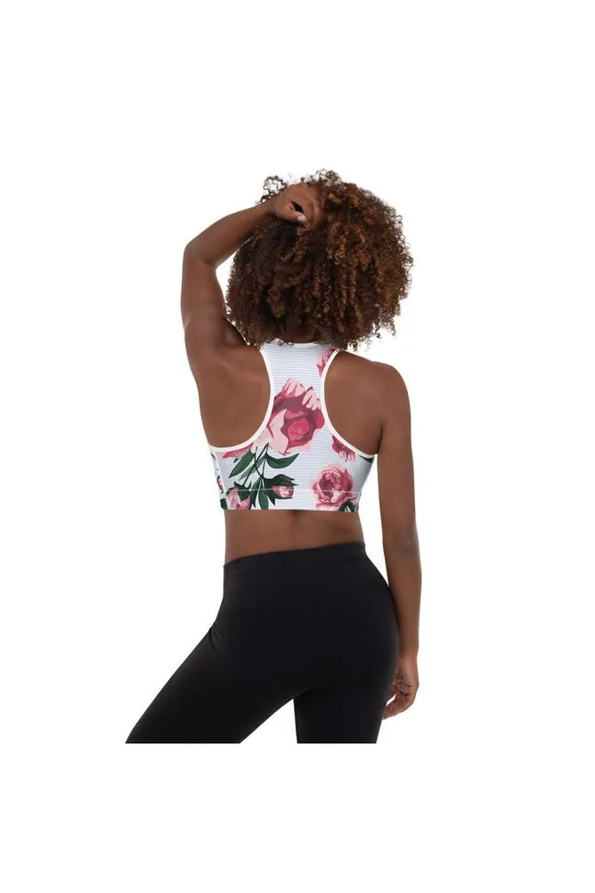 Pink Roses on Micro Blue Stripes Padded Sports Bra