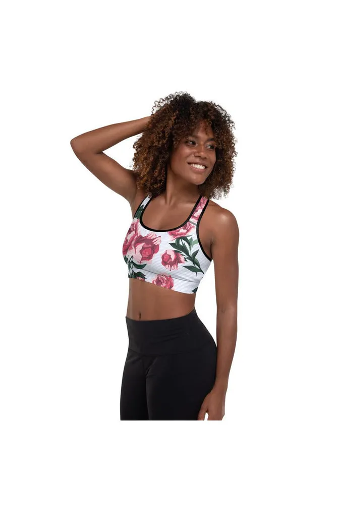 Pink Roses on Micro Blue Stripes Padded Sports Bra