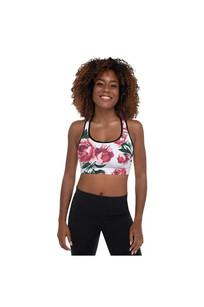 Pink Roses on Micro Blue Stripes Padded Sports Bra