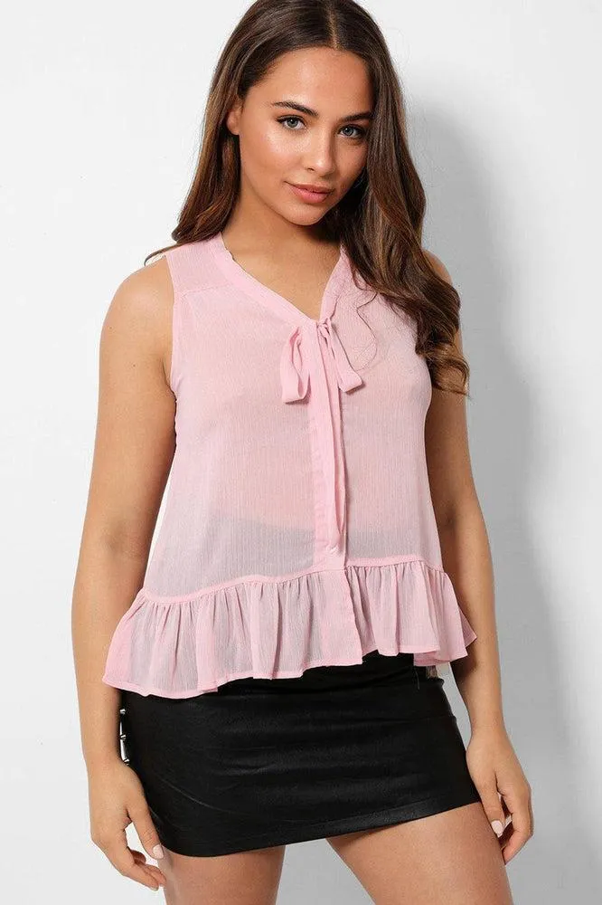 Pink Ruffle Hem Pussybow Sleeveless Top