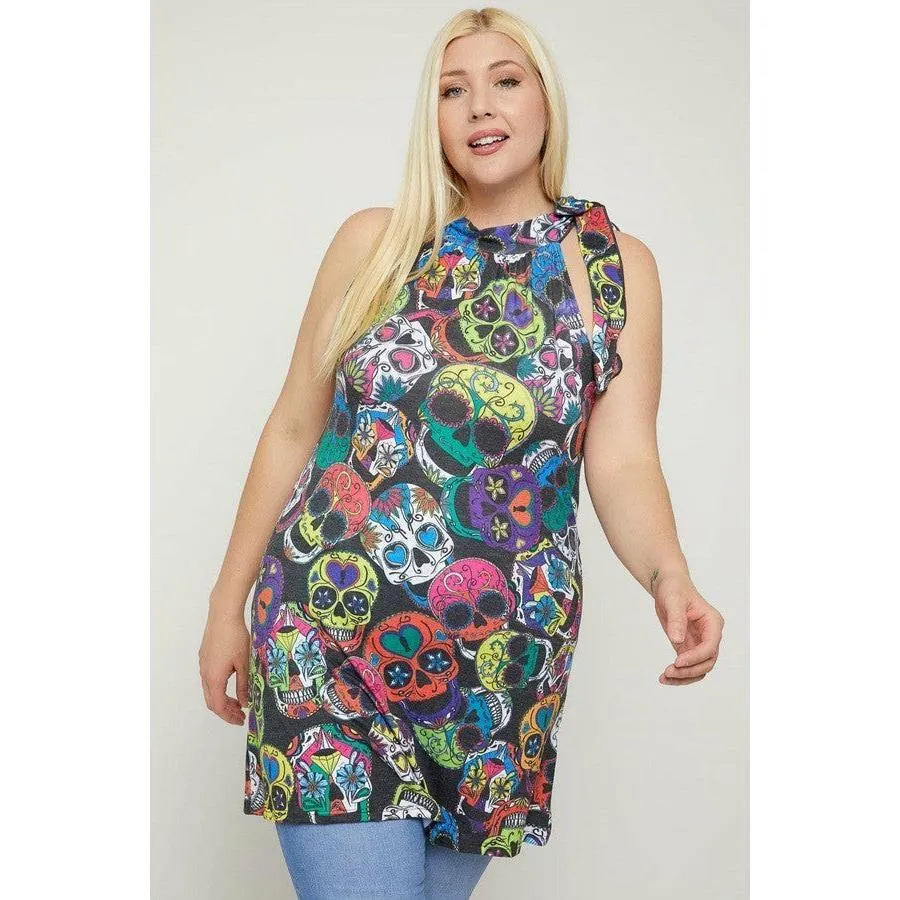 Plus size sleeveless sugar skull print dress