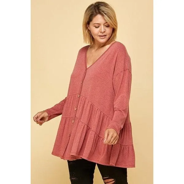 Plus Size Solid Long Sleeves Button Up Swing Tunic Top With Ruched Detail