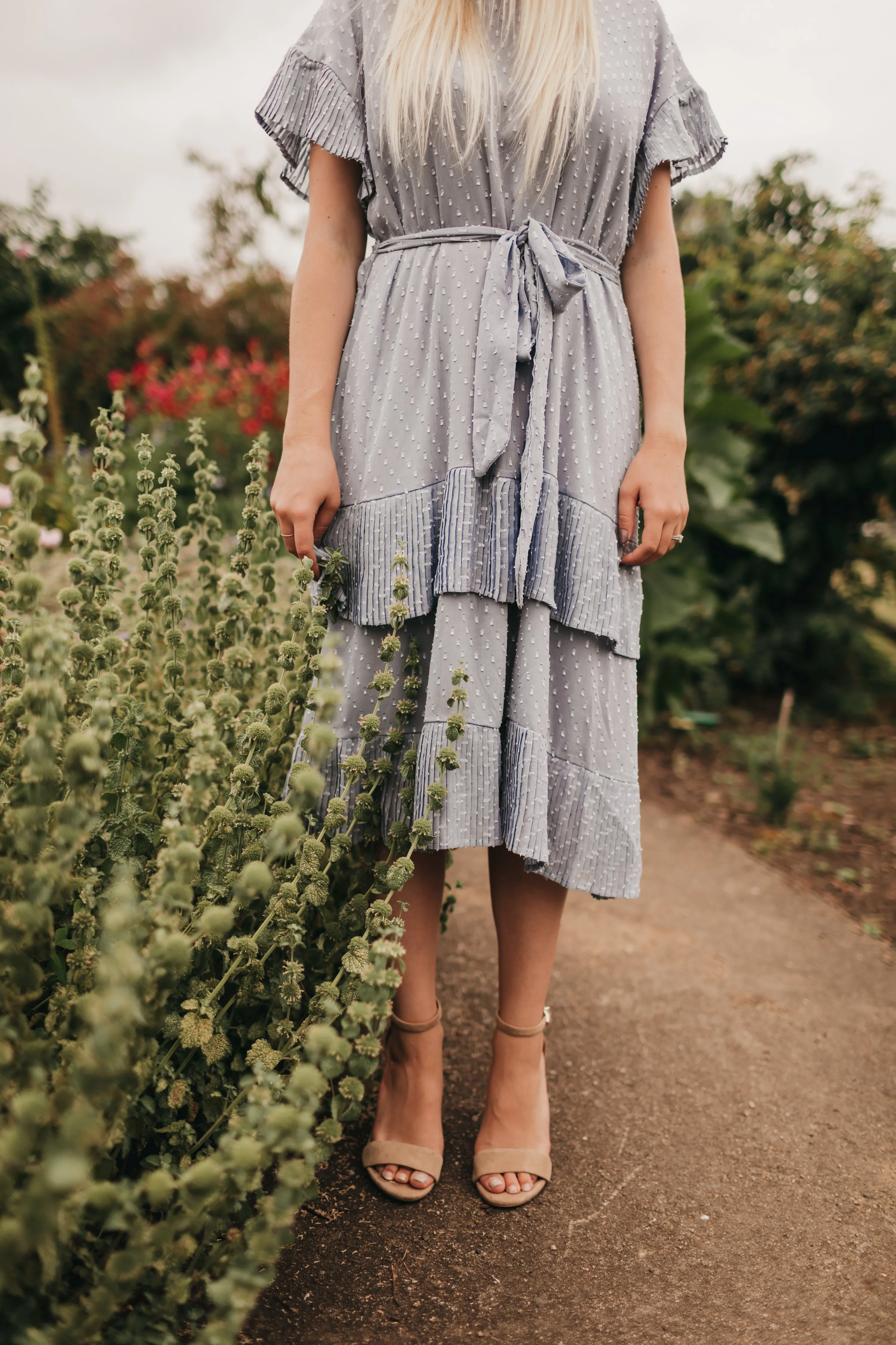 Quinn Pleated Dot Dress in Sky Blue