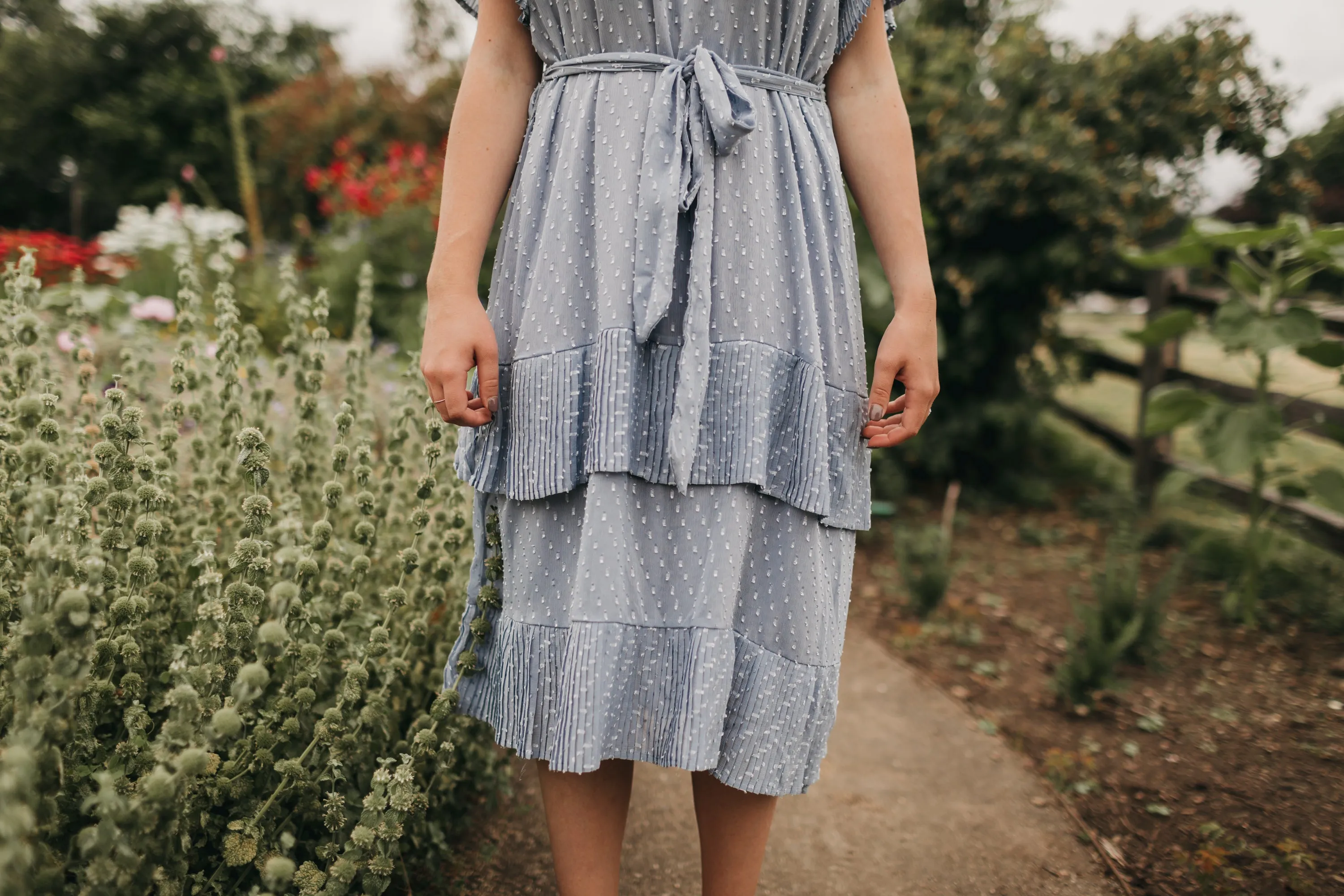 Quinn Pleated Dot Dress in Sky Blue