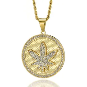 Rhinestone-Studded Maple Leaf Round Bling Stainless Steel Hip-hop Pendant Necklace