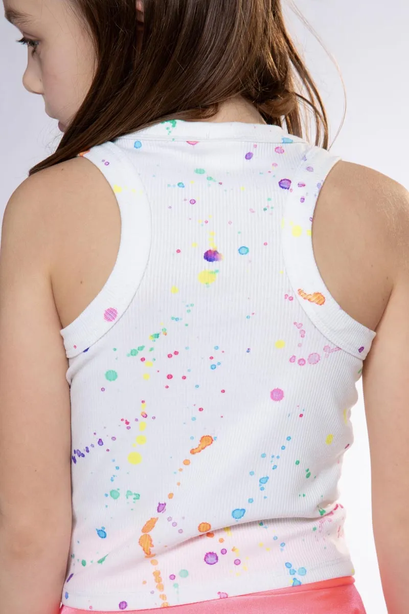 Ribbed Modal Cropped Racerback Tank - White Multi Splatter