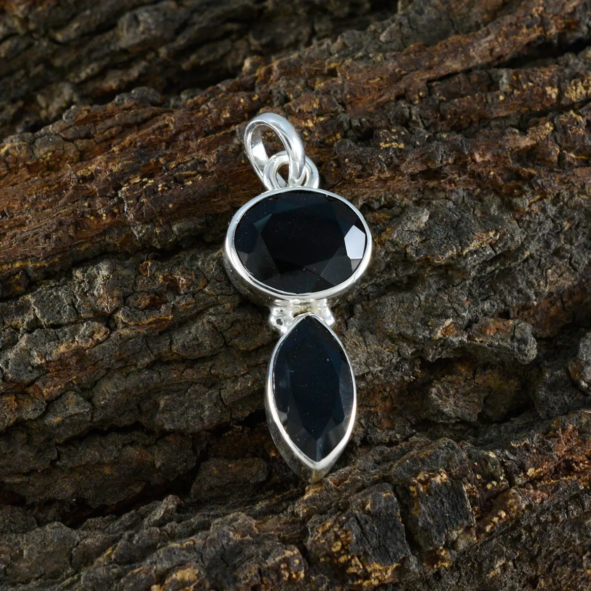 Riyo Elegant Gemstone Multi Faceted Black Black Onyx Sterling Silver Pendant Gift For Handmade