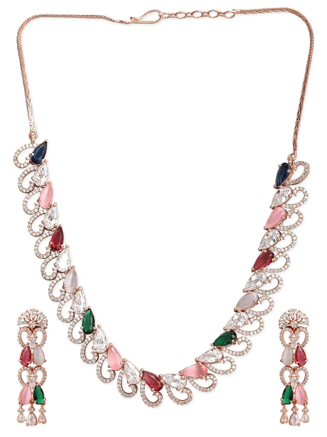 Rubans 24K Rose gold plated Diamonds and multi coloured stone studded Necklace set