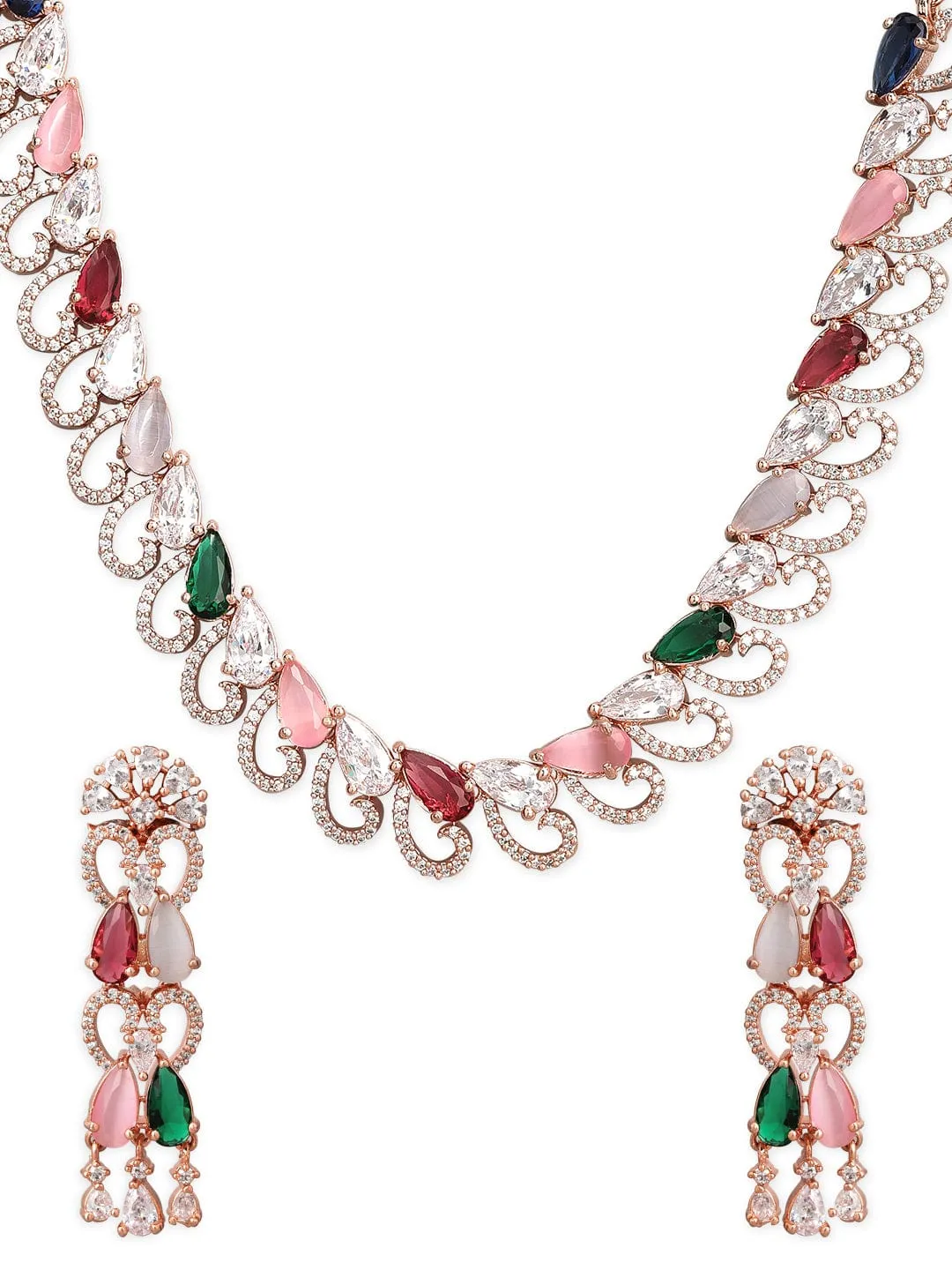 Rubans 24K Rose gold plated Diamonds and multi coloured stone studded Necklace set